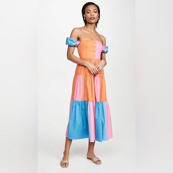 STAUD Dresses & Skirts - NWT $348 STAUD Elio Multicolor Tiered Off-Shoulder Cotton Maxi Dress 10